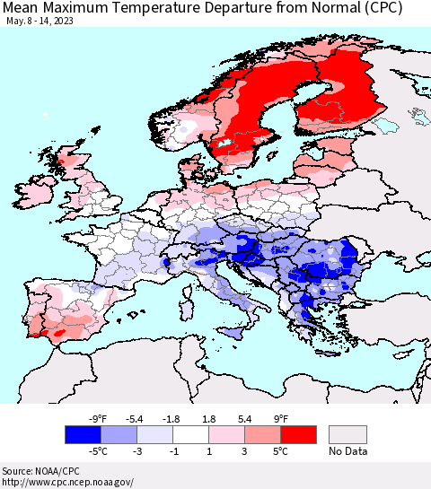 Europe Mean Maximum Temperature Departure from Normal (CPC) Thematic Map For 5/8/2023 - 5/14/2023