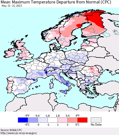 Europe Mean Maximum Temperature Departure from Normal (CPC) Thematic Map For 5/15/2023 - 5/21/2023