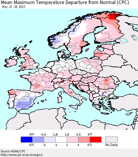 Europe Mean Maximum Temperature Departure from Normal (CPC) Thematic Map For 5/22/2023 - 5/28/2023