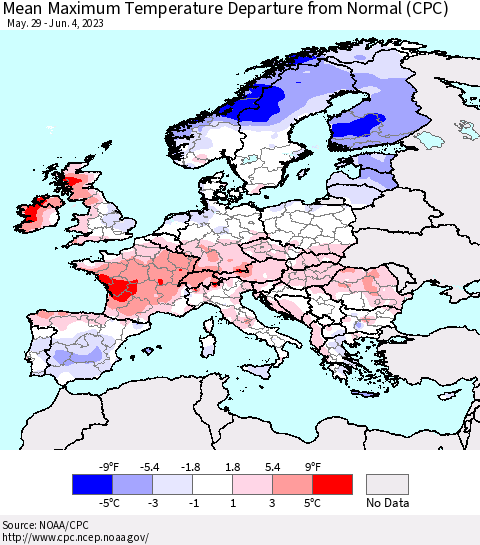 Europe Mean Maximum Temperature Departure from Normal (CPC) Thematic Map For 5/29/2023 - 6/4/2023