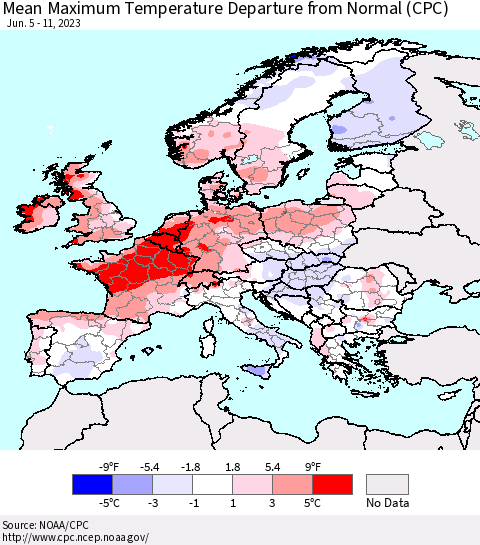 Europe Mean Maximum Temperature Departure from Normal (CPC) Thematic Map For 6/5/2023 - 6/11/2023