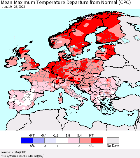 Europe Mean Maximum Temperature Departure from Normal (CPC) Thematic Map For 6/19/2023 - 6/25/2023