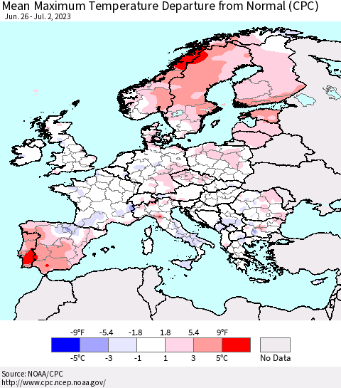 Europe Mean Maximum Temperature Departure from Normal (CPC) Thematic Map For 6/26/2023 - 7/2/2023