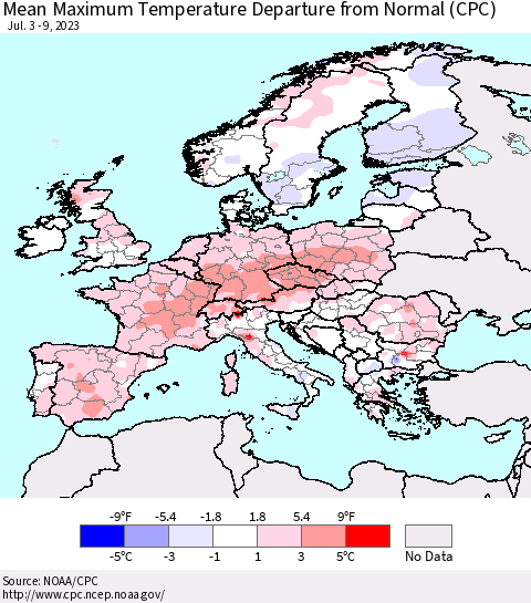 Europe Mean Maximum Temperature Departure from Normal (CPC) Thematic Map For 7/3/2023 - 7/9/2023