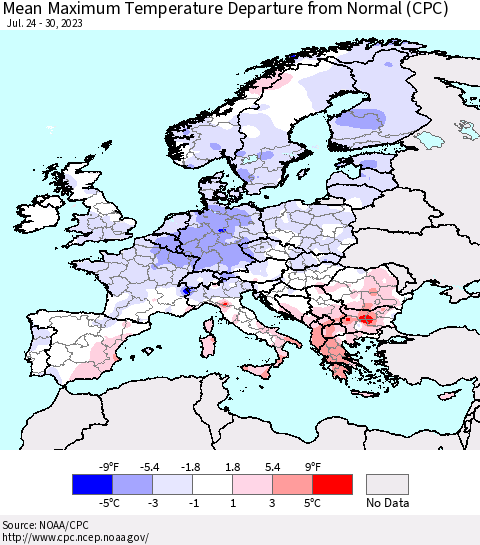 Europe Mean Maximum Temperature Departure from Normal (CPC) Thematic Map For 7/24/2023 - 7/30/2023
