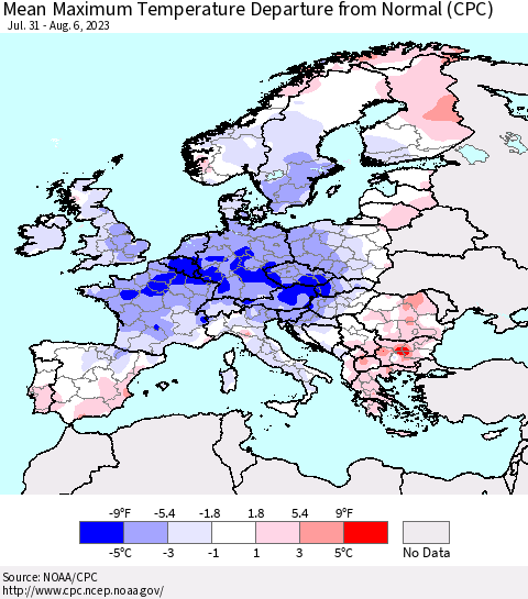 Europe Mean Maximum Temperature Departure from Normal (CPC) Thematic Map For 7/31/2023 - 8/6/2023