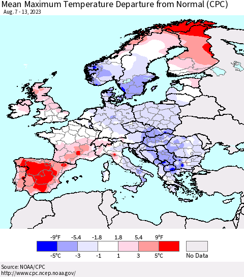 Europe Mean Maximum Temperature Departure from Normal (CPC) Thematic Map For 8/7/2023 - 8/13/2023