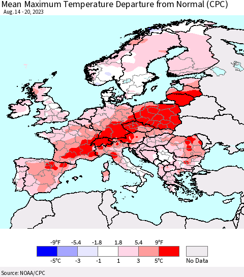Europe Mean Maximum Temperature Departure from Normal (CPC) Thematic Map For 8/14/2023 - 8/20/2023