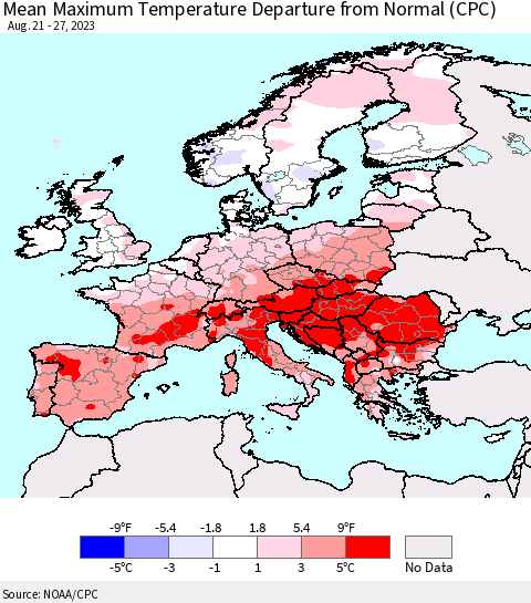 Europe Mean Maximum Temperature Departure from Normal (CPC) Thematic Map For 8/21/2023 - 8/27/2023