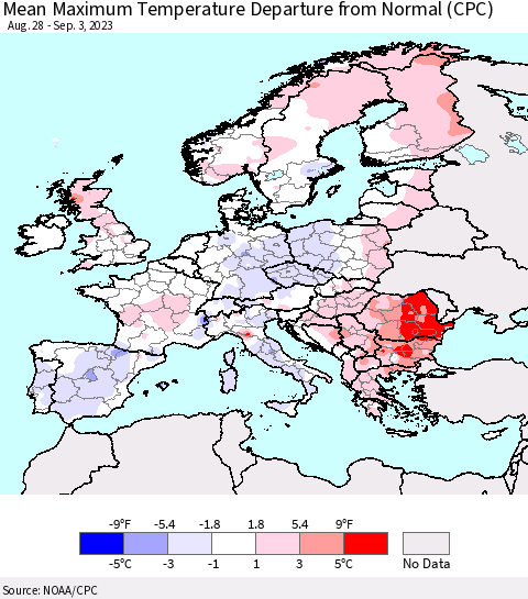 Europe Mean Maximum Temperature Departure from Normal (CPC) Thematic Map For 8/28/2023 - 9/3/2023