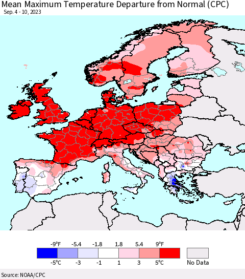 Europe Mean Maximum Temperature Departure from Normal (CPC) Thematic Map For 9/4/2023 - 9/10/2023
