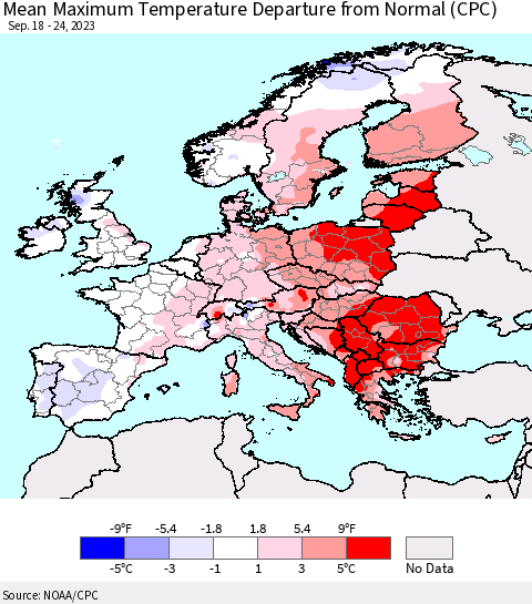 Europe Mean Maximum Temperature Departure from Normal (CPC) Thematic Map For 9/18/2023 - 9/24/2023