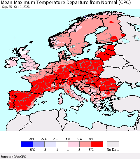 Europe Mean Maximum Temperature Departure from Normal (CPC) Thematic Map For 9/25/2023 - 10/1/2023