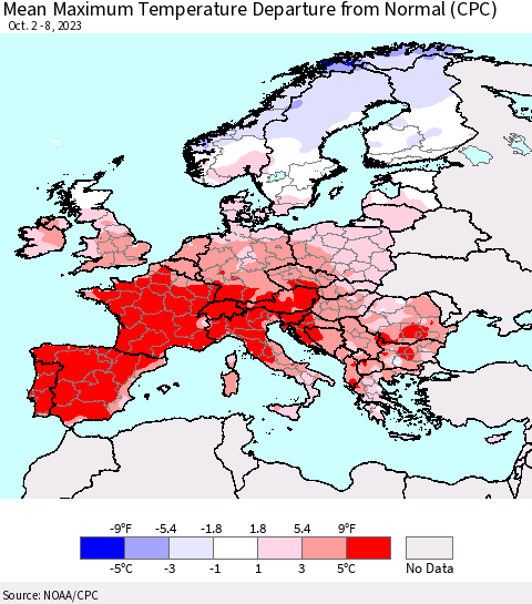 Europe Mean Maximum Temperature Departure from Normal (CPC) Thematic Map For 10/2/2023 - 10/8/2023