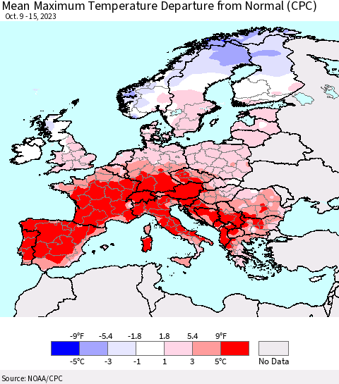Europe Mean Maximum Temperature Departure from Normal (CPC) Thematic Map For 10/9/2023 - 10/15/2023