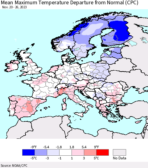 Europe Mean Maximum Temperature Departure from Normal (CPC) Thematic Map For 11/20/2023 - 11/26/2023
