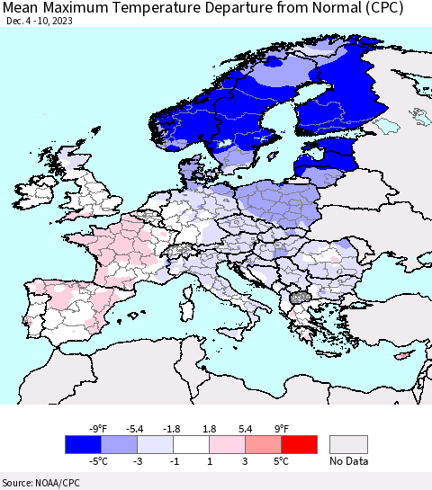 Europe Mean Maximum Temperature Departure from Normal (CPC) Thematic Map For 12/4/2023 - 12/10/2023