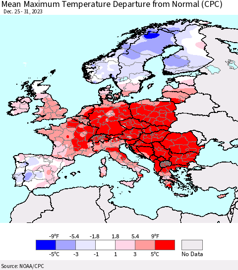 Europe Mean Maximum Temperature Departure from Normal (CPC) Thematic Map For 12/25/2023 - 12/31/2023
