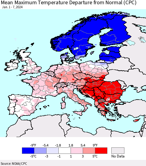 Europe Mean Maximum Temperature Departure from Normal (CPC) Thematic Map For 1/1/2024 - 1/7/2024