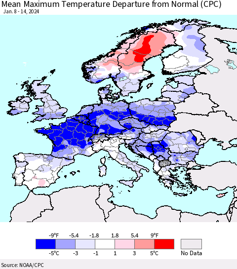Europe Mean Maximum Temperature Departure from Normal (CPC) Thematic Map For 1/8/2024 - 1/14/2024