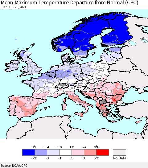 Europe Mean Maximum Temperature Departure from Normal (CPC) Thematic Map For 1/15/2024 - 1/21/2024