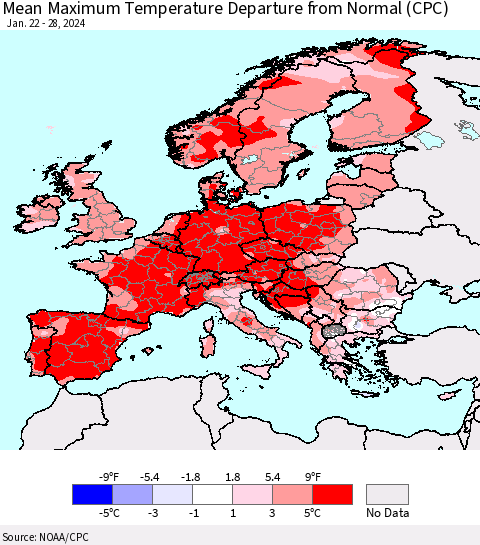 Europe Mean Maximum Temperature Departure from Normal (CPC) Thematic Map For 1/22/2024 - 1/28/2024