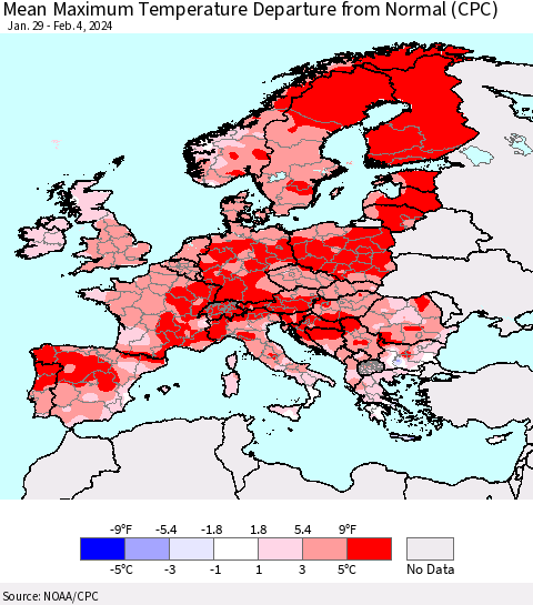 Europe Mean Maximum Temperature Departure from Normal (CPC) Thematic Map For 1/29/2024 - 2/4/2024