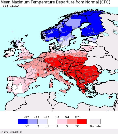 Europe Mean Maximum Temperature Departure from Normal (CPC) Thematic Map For 2/5/2024 - 2/11/2024