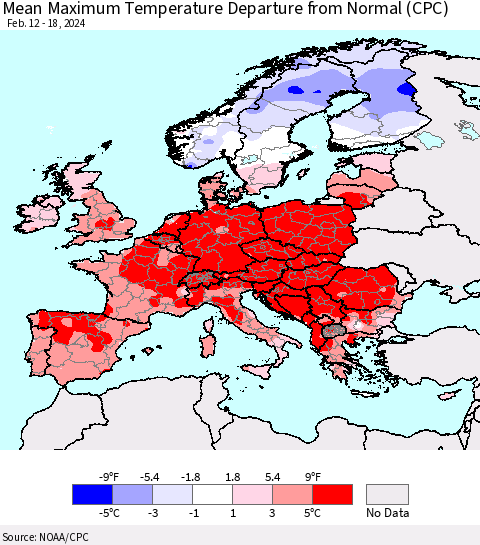 Europe Mean Maximum Temperature Departure from Normal (CPC) Thematic Map For 2/12/2024 - 2/18/2024