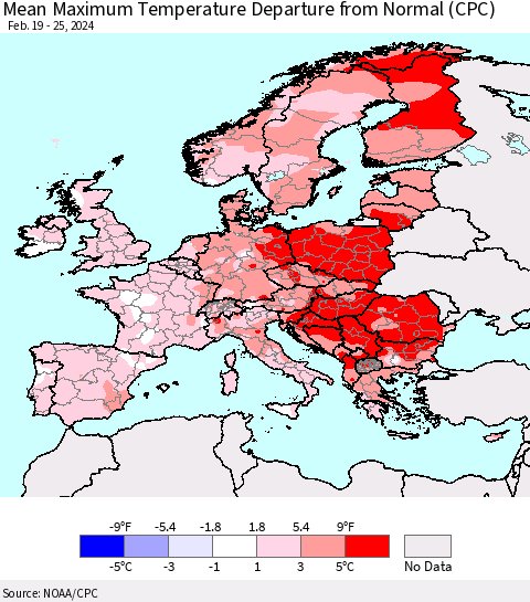 Europe Mean Maximum Temperature Departure from Normal (CPC) Thematic Map For 2/19/2024 - 2/25/2024