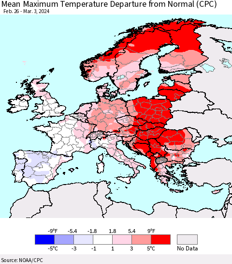 Europe Mean Maximum Temperature Departure from Normal (CPC) Thematic Map For 2/26/2024 - 3/3/2024
