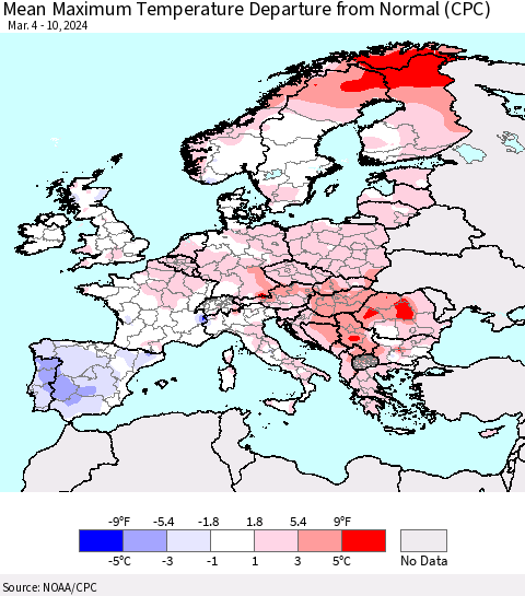 Europe Mean Maximum Temperature Departure from Normal (CPC) Thematic Map For 3/4/2024 - 3/10/2024