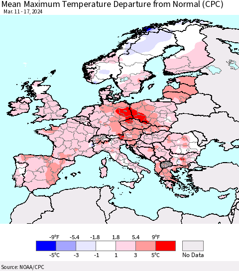 Europe Mean Maximum Temperature Departure from Normal (CPC) Thematic Map For 3/11/2024 - 3/17/2024