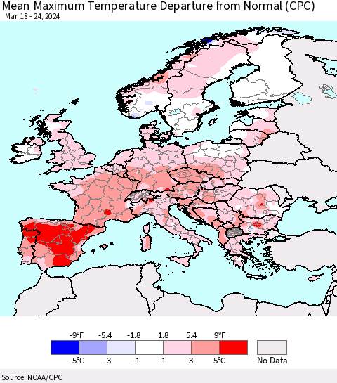 Europe Mean Maximum Temperature Departure from Normal (CPC) Thematic Map For 3/18/2024 - 3/24/2024