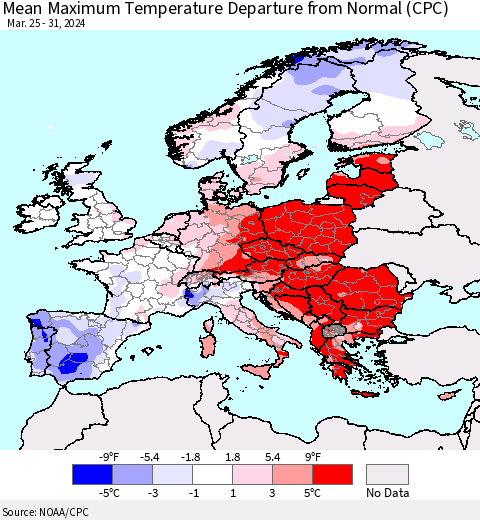 Europe Mean Maximum Temperature Departure from Normal (CPC) Thematic Map For 3/25/2024 - 3/31/2024