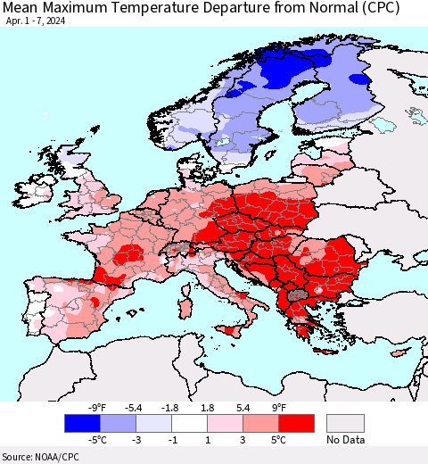 Europe Mean Maximum Temperature Departure from Normal (CPC) Thematic Map For 4/1/2024 - 4/7/2024