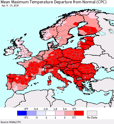 Europe Mean Maximum Temperature Departure from Normal (CPC) Thematic Map For 4/8/2024 - 4/14/2024