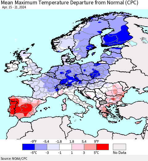 Europe Mean Maximum Temperature Departure from Normal (CPC) Thematic Map For 4/15/2024 - 4/21/2024