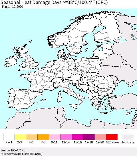 Europe Seasonal Heat Damage Days >=38°C/100°F (CPC) Thematic Map For 3/1/2020 - 3/10/2020