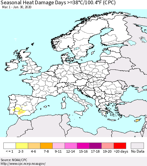Europe Seasonal Heat Damage Days >=38°C/100°F (CPC) Thematic Map For 3/1/2020 - 6/30/2020