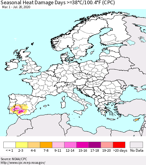 Europe Seasonal Heat Damage Days >=38°C/100°F (CPC) Thematic Map For 3/1/2020 - 7/20/2020