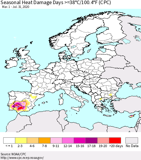 Europe Seasonal Heat Damage Days >=38°C/100°F (CPC) Thematic Map For 3/1/2020 - 7/31/2020
