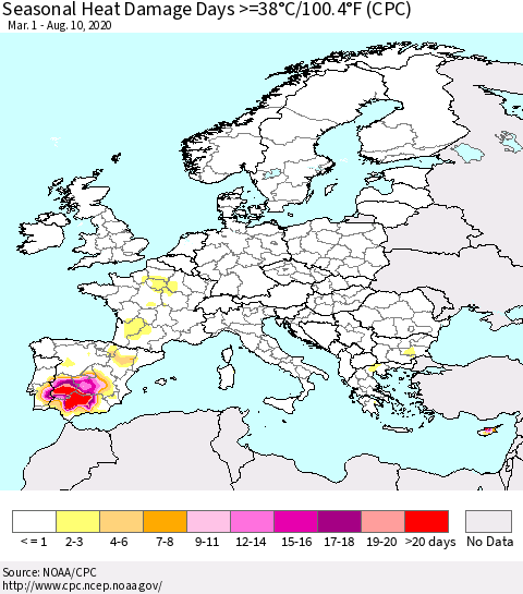 Europe Seasonal Heat Damage Days >=38°C/100°F (CPC) Thematic Map For 3/1/2020 - 8/10/2020