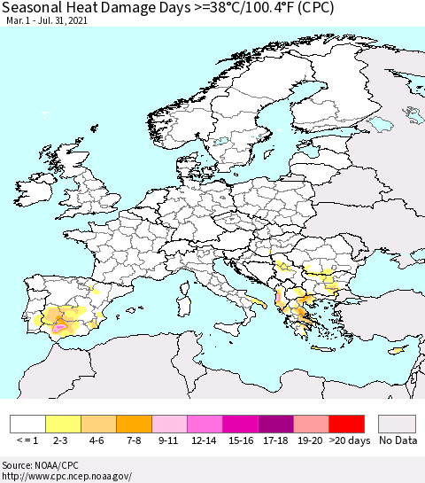 Europe Seasonal Heat Damage Days >=38°C/100°F (CPC) Thematic Map For 3/1/2021 - 7/31/2021