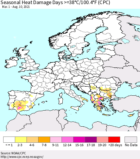 Europe Seasonal Heat Damage Days >=38°C/100°F (CPC) Thematic Map For 3/1/2021 - 8/10/2021