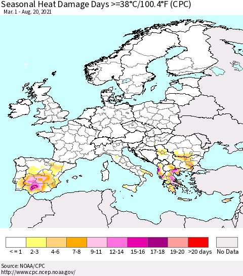 Europe Seasonal Heat Damage Days >=38°C/100°F (CPC) Thematic Map For 3/1/2021 - 8/20/2021