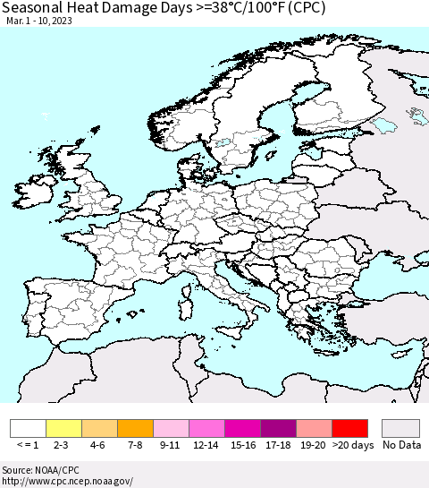 Europe Seasonal Heat Damage Days >=38°C/100°F (CPC) Thematic Map For 3/1/2023 - 3/10/2023