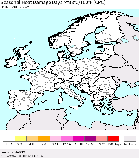 Europe Seasonal Heat Damage Days >=38°C/100°F (CPC) Thematic Map For 3/1/2023 - 4/10/2023