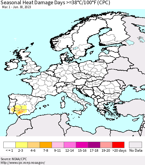 Europe Seasonal Heat Damage Days >=38°C/100°F (CPC) Thematic Map For 3/1/2023 - 6/30/2023