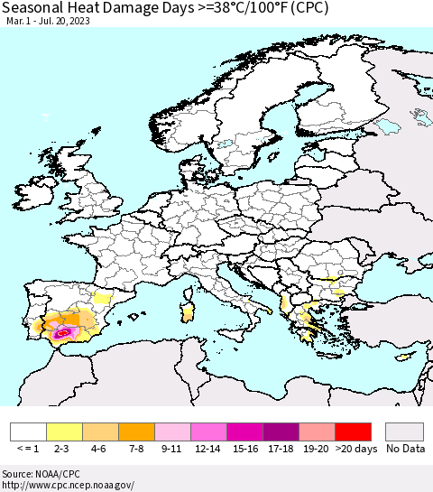 Europe Seasonal Heat Damage Days >=38°C/100°F (CPC) Thematic Map For 3/1/2023 - 7/20/2023
